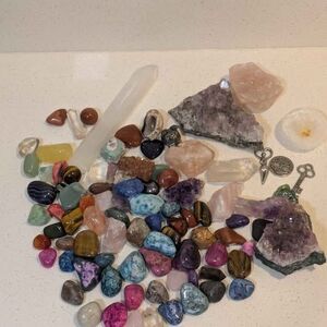 Assort Crystal + Trinket lot Selenite Amethyst Quartz Geode Tiger's Eye etc